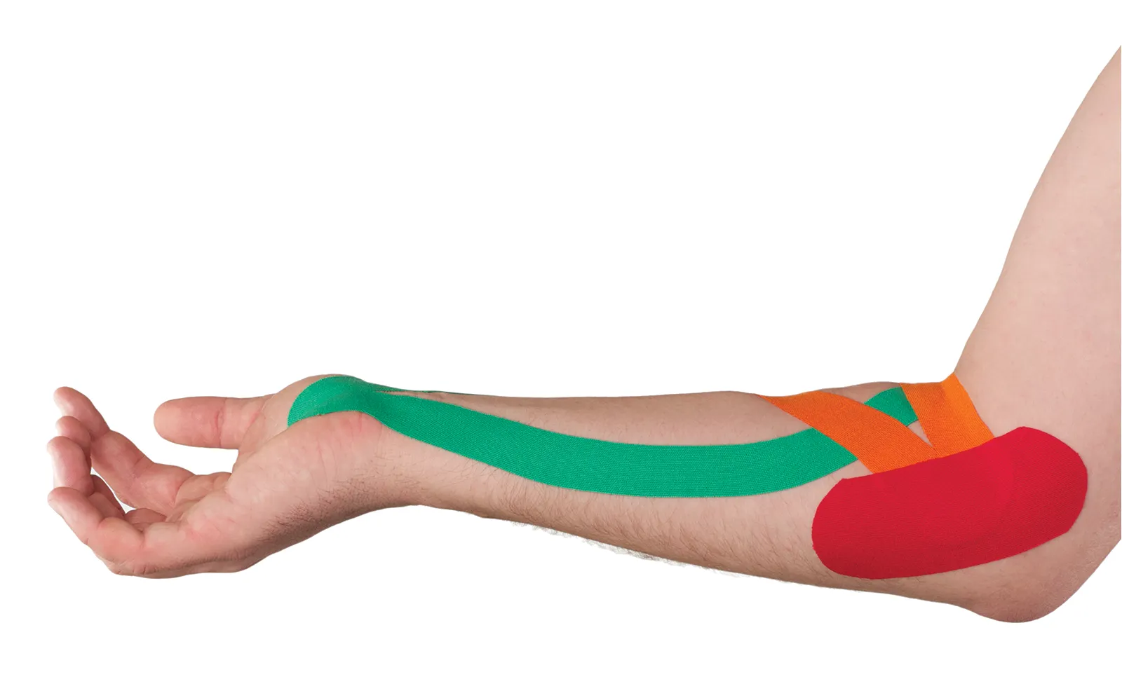 a persons forearm with three strips of colorful kinesiology tape running from elbow to the wrist