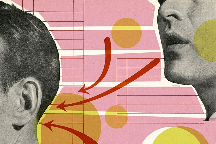 An illustration shows one person providing info to another verbally.