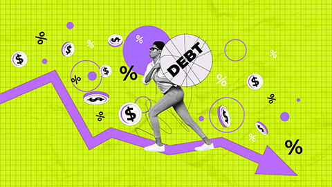 target stats analyzing goal business arrow point young woman walk decrease effort debt