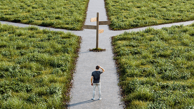 Confused man at three-way fork with blank signpost, uncertainty, choices, direction, decision, future