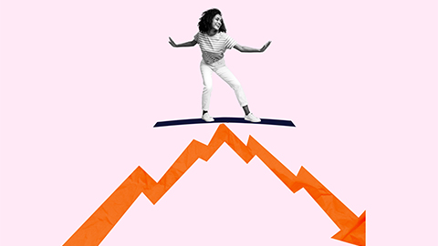 Image of a person surfing on an animated image of a graph line.