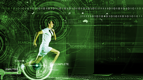 Young running man against digital media background.