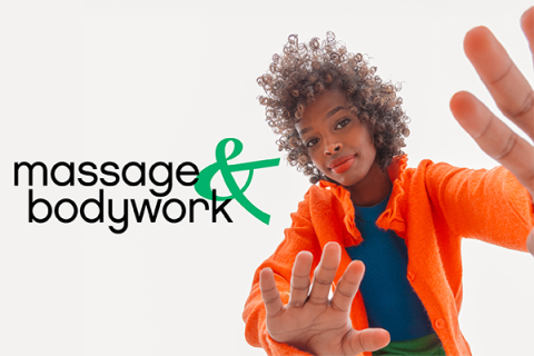 The cover of Massage & Bodywork magazine shows a woman stretching to the camera.