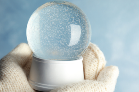 A hand in a mitten holds a snow globe.