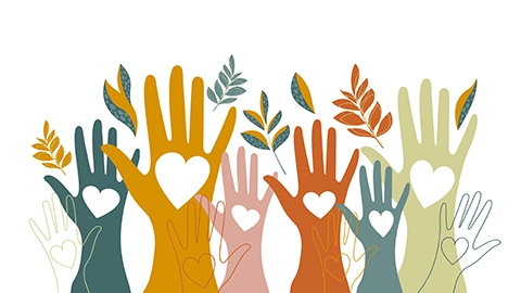 Volunteers, social workers, men and women hold hearts in their palms. Unity, cohesion of a multinational society.