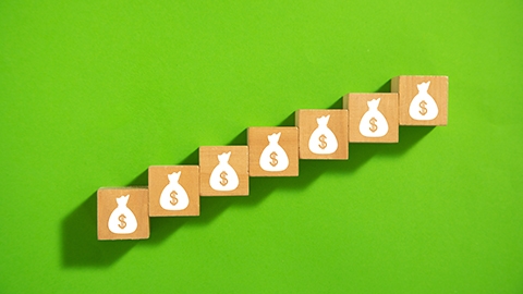 Wooden block stairs with money bags set against a lime green background.