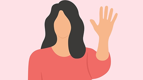 Animated image of a woman with her hand held up.
