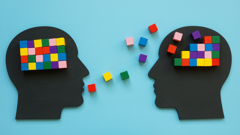 Heads with colorful cubes as a symbol of mentoring.