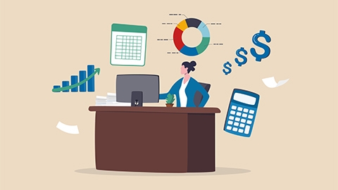 Accountant calculate tax, finance or accounting document, manage invoice, office financial chart and graph.