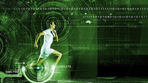 Young running man against digital media background.